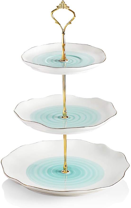 Sweejar 3 Tier Ceramic Cake Stand,Dessert Stand,Cupcake Stand,Tea Party Pastry Serving Platter,Food Display Stand for Tea/Coffee/Birthday/Wedding/Women/Afternoon/Gift - Blue