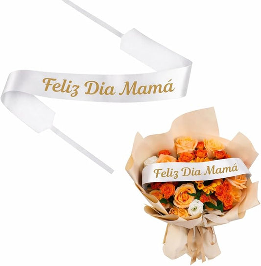 Set of 12 Bouquet Banner Grosgrain Ribbon Tie Wrap Printed Sash Florist Bulk Supply for Floral Arrangements (White - Feliz Dia Mama)