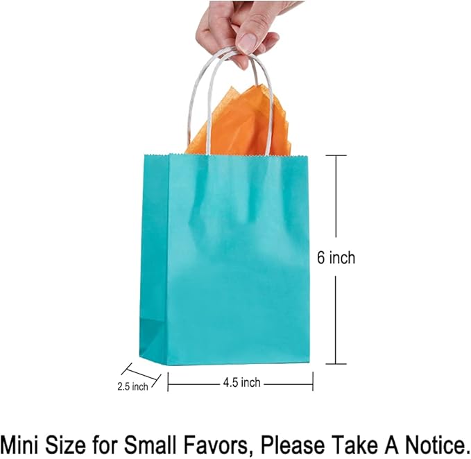 AWELL Mini Size Turquoise Blue Paper Bag with Handle Bulk Party Favor Bag 6x4.5x2.5 inch for Graduation Baby Shower Birthday Christmas Recycled Bag, 50 Counts
