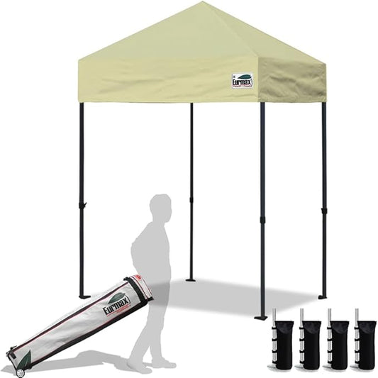 Eurmax USA 5x5ft Pop Up Canopy, Commercial Instant Tent for Outdoor Events, Patented No-Tip Rolling Storage Bag with 4 Sandbags, UV & Water Resistant, Heavy Duty Portable Shelter Gazebo,Beige