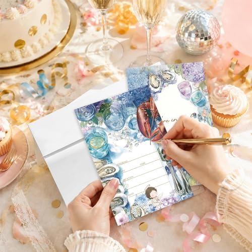 AEHIE 20 Sets Coastal Beach Seafood Boil Party Invitations With Envelopes, Coastal Ocean Floral Party Invitations Invite Cards for Women Men Ladies Girls Adults