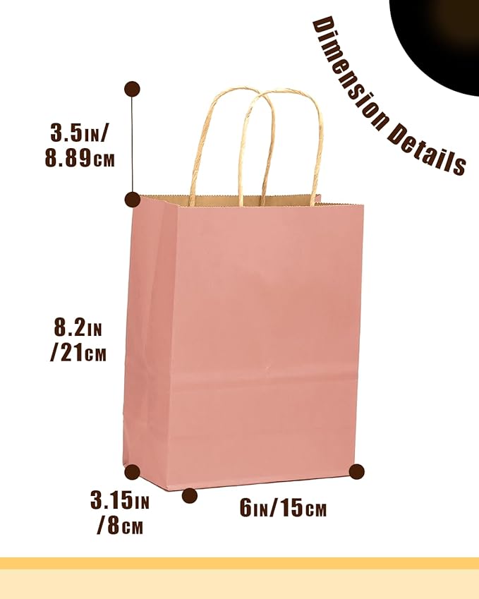 qiqee 32Pcs Small Size Light Pink Kraft Paper GIft Bags with Handles - 8.3"x6"x3.15" Kraft Small Party Bags