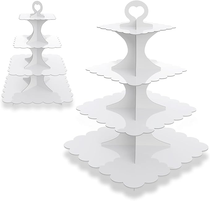 4-Tier Square White Cupcake Stand 2-Pack – Sturdy Cardboard Dessert Display for Weddings, Birthdays, Parties