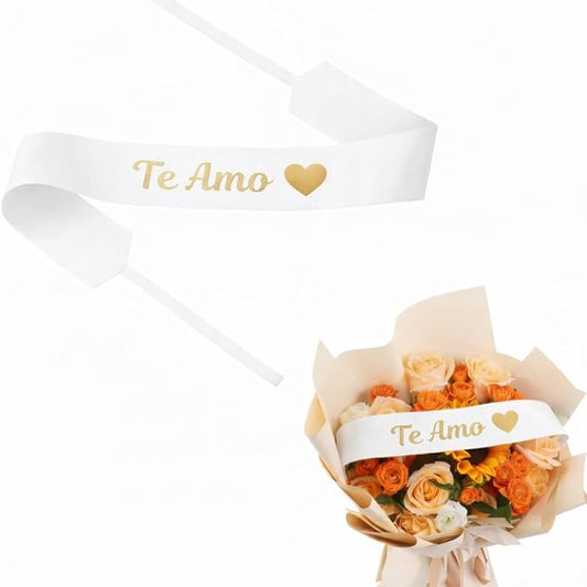 Set of 12 Bouquet Banner Grosgrain Ribbon Tie Wrap Printed Sash Florist Bulk Supply for Floral Arrangements (White - TE AMO)