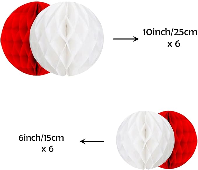 ZOOYOO 12Pcs 6" 10" Honeycomb Balls Decorations Hanging Tissue Paper Pom Poms for Birthday Party Valentine's Day Wedding Mothers Day Decorations(Red White)
