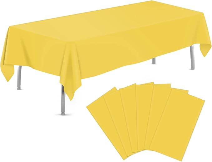 tujol Yellow 6 Pack Plastic Table Cloth 54" x 108", Disposable Tablecloths Rectangle Table Cover, Plastic Tablecloths for Parties