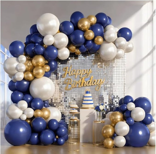 Navy Blue Gold Balloons Arch Kit, Double Stuffed Pearl White Blue Gold Chrome Balloons Garland Kit for Birthday Graduation Father's Day New Year Bridal Shower Wedding Party Decoration