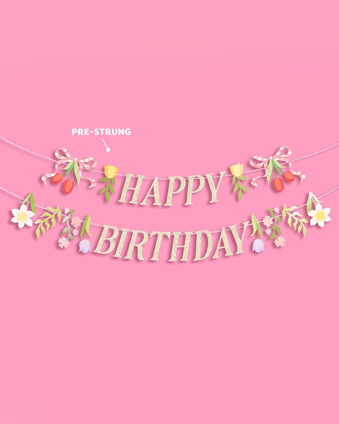 xo, Fetti Floral Happy Birthday Banner | Kids Party, Garden Theme, Tea Party Decorations, Tulips, Flower Garland, Pink, Farmers Market
