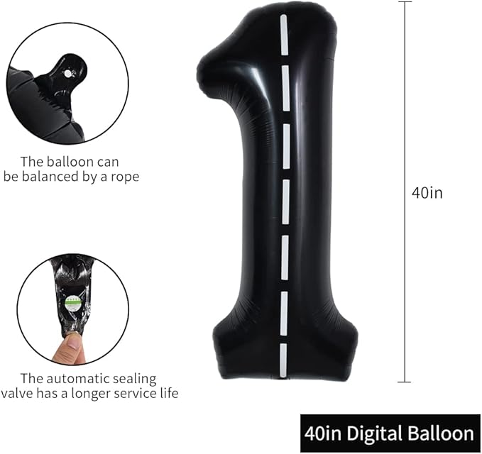 TONIFUL Race Car Black Balloons Car Birthday Party Supplies,40 Inch Giant Jumbo Helium Foil Mylar Big Number 1 Digital 1 Balloons for Boy's Birthday Party Truck Race Car Theme Party Decorations
