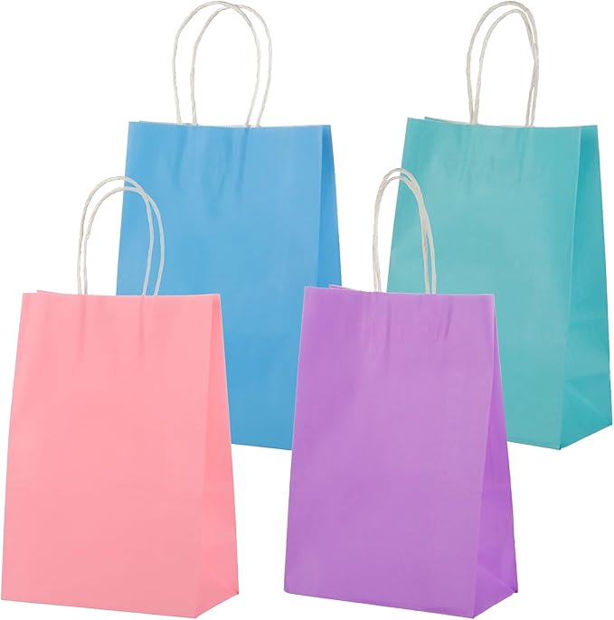 Misu Kraft Paper Gift Bags with Handle, Small, 8.3x5.9x3.2 Inches, 16-Pack (Puple, Pink, Blue, Teal) - Party Favor Bags