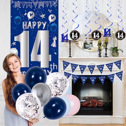 14th Birthday Decorations for Boys Girls, Blue 14 Year Old Party Supplies