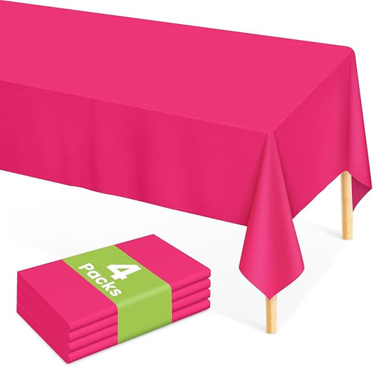 Mulbozy Hot Pink Plastic Table Cloth Disposable 4 Pack, 54 × 108 Inch Tablecloths Rectangle, Dark Pink Plastic Table Cover for Party Decor