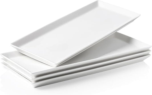 Kanwone White Serving Platters, Porcelain Serving Trays for Parties, Large Rectangular Plates - 14.5 Inch, Set of 4
