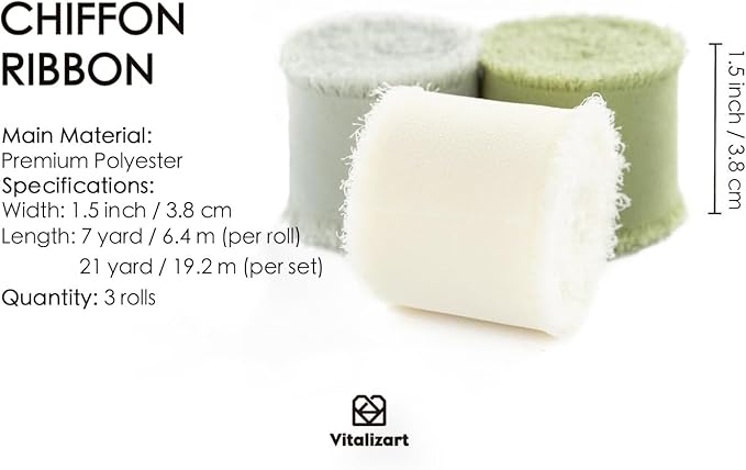 Vitalizart Sage Green Handmade Chiffon Silk Ribbon Fringe 1.5" x 21 Yd Frayed Edges Ribbons for Wedding Invitations Bridal Bouquets Gifts Wrapping Crafts Holiday Party Decorations
