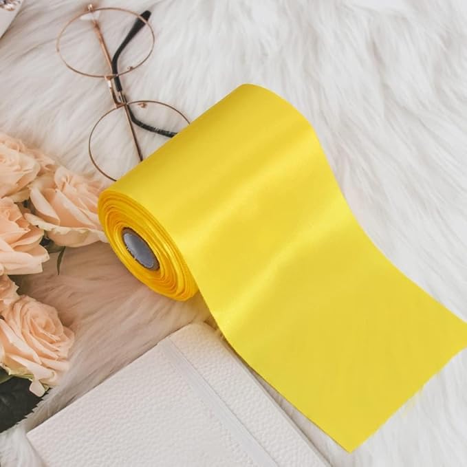 TONIFUL 4 in x 22Yds Wide Lemon Light Yellow Satin Ribbon Solid Fabric Large Ribbon for Cutting Ceremony Kit Grand Opening Chair Sash Table Hair Car Bow Sewing Craft Gift Wrapping Wedding Decoration