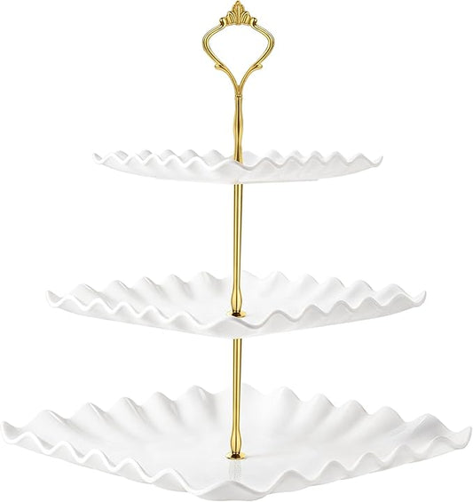 DAFURIET Dessert Cupcake Stand, 3 Tier Cup Cake Holder Tower for Tea Party/Birthday/Wedding, Plastic Tiered Serving Tray with Metal Rod, White