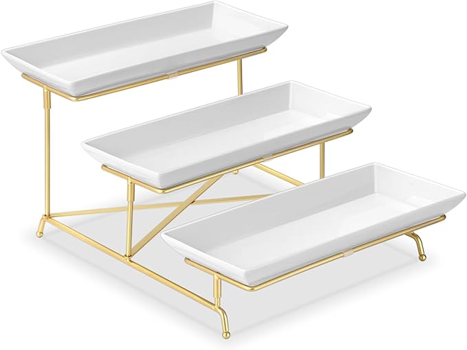 3 Tier Serving Tray Set 14 Inch Porcelain Tiered Serving Platters, Collapsible Sturdier Stand with Stable Cross Bars, Three Layer Serving for Party Entertaining Food Display Fruit Dessert