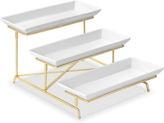 3 Tier Serving Tray Set 14 Inch Porcelain Tiered Serving Platters, Collapsible Sturdier Stand with Stable Cross Bars, Three Layer Serving for Party Entertaining Food Display Fruit Dessert