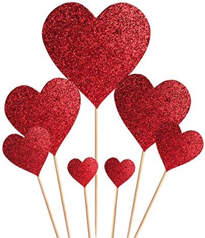 35 pcs Glitter Red Heart Cake Toppers Picks for Sweet Love Theme Wedding Engagement,Valentine's Day Bridal Shower Mother's Day Party Cake Decors (Red heart)