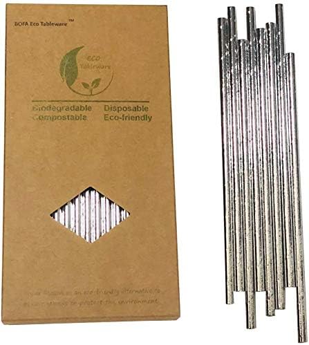 Silver Paper Straws, 7.75" x 6mm Biodegradable Disposable Compostable Metallic Drinking Straws, Eco-Friendly Paper Straws for Cocktails, Juices, Smoothies, Parties, Weddings, Birthdays, 100 Pack
