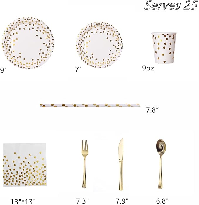 200Pcs Gold Party Supplies - Gold Paper Plates & Napkins Cups Silverware Serves 25 Sets for Wedding Bridal Shower Engagement Birthday Parties (Gold dot)