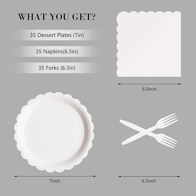 105PCS Paper Plates and Napkins Set, 7 Inch Scalloped Disposable Tableware with Forks for Birthdays, Garden Parties & Outdoor Events, Serves 35 (White)