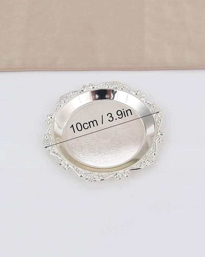 Round Decorative Tray 3.9in Metal Dessert Plates Vintage Coffee Table Tray for Snacks Fruit Silver