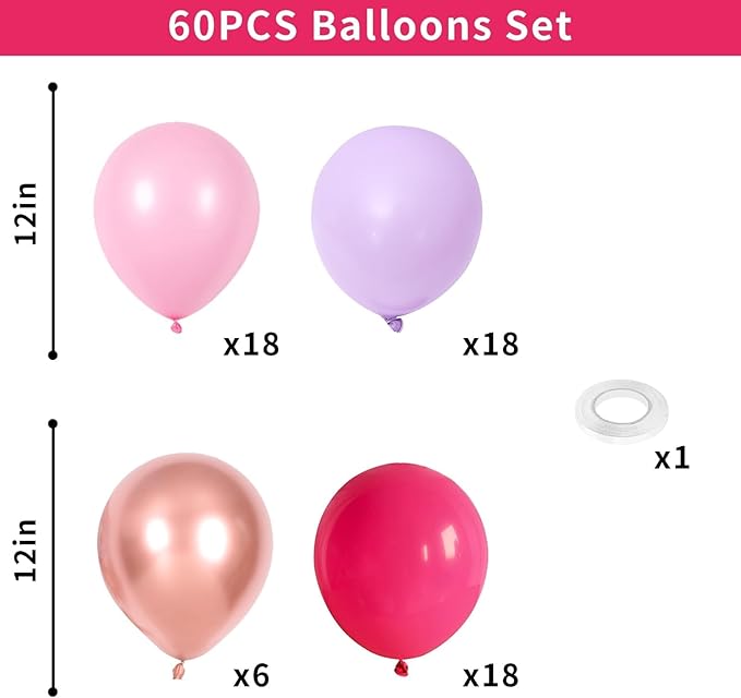 Pink and Purple Balloon Set, 60Pcs Hot Pink Lilac Lavender Balloon with Metallic Rose Gold Balloons, Purple Pinks Rose Red Latex Balloons for Girl Mermaid Butterfly Birthday Party Decorations