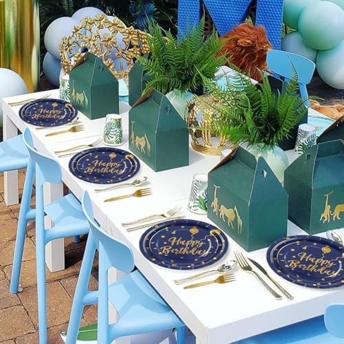 75PCS Happy Birthday Paper Plates&Nakpins Set,Disposable Blue and Gold Dessert Plate Graduation Napkins Forks Paper Tableware for Birthday Graduation Retirement Party Decorations Serve 25