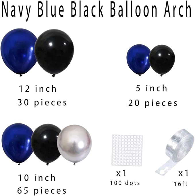 Dark Blue, Navy Blue Black Silver Balloon Garland Kit - Dark Royal Blue Black Balloons Metallic Silver Balloons for Men 30th 40th 50th Birthday Video Game Graduation Retirement Party Decorations