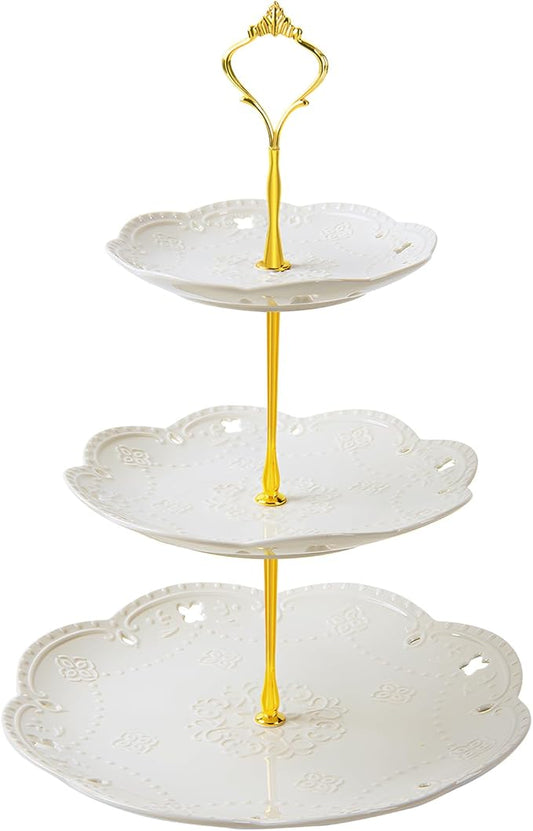 3 Tier Ceramic Cupcake Stand, White Tiered Tray for Cupcakes, 3 Tier Serving Stand for Tea Party, Birthday, Baby Shower, Wedding