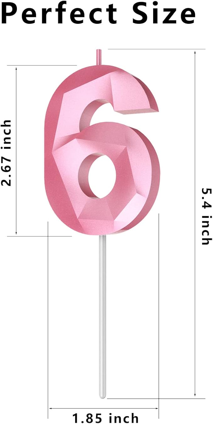 Number Birthday Candles(6 Candle Pink) 3D Diamond Shape 6th Happy Birthday Cake Topper Decorations for Girl Women Birthday Wedding Anniversary Celebration Theme Party Supplies