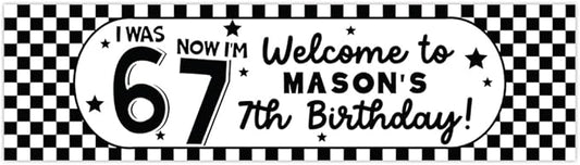 Andaz Press 13x48 Inch Custom 6 7 Birthday Banner Decorations, Personalized Birthday Banner with Custom Name, Black and White Checkered 67 Happy Birthday Party Banner for Boys, Home or Party Décor