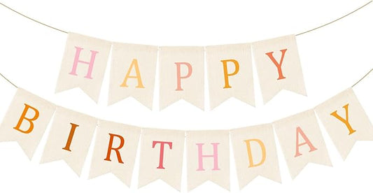 Doumeny Happy Birthday Burlap Banner Boho Birthday Bunting Garland Pink Bohemian Sign Flag White Birthday Hanging Banner Pastel Rainbow Party Decor for Home Mantel Fireplace Nursery Party Backdrop