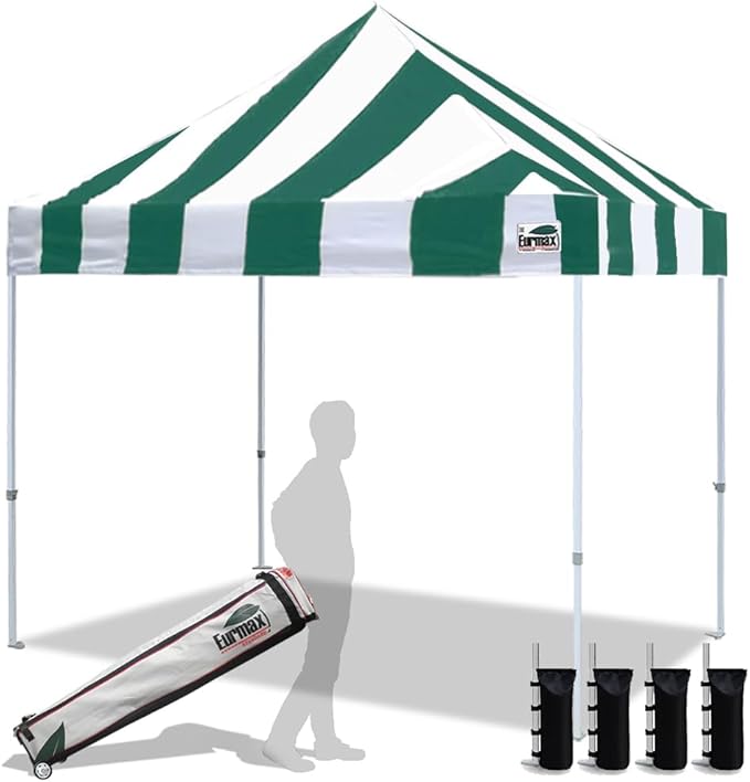 Eurmax USA 10x10ft Pop Up Canopy,Commercial Instant Tent for Outdoor Events,Patented No-Tip Rolling Storage Bag with 4 Sandbags,UV & Water Resistant,Heavy Duty Portable Shelter Gazebo,Stripe Green