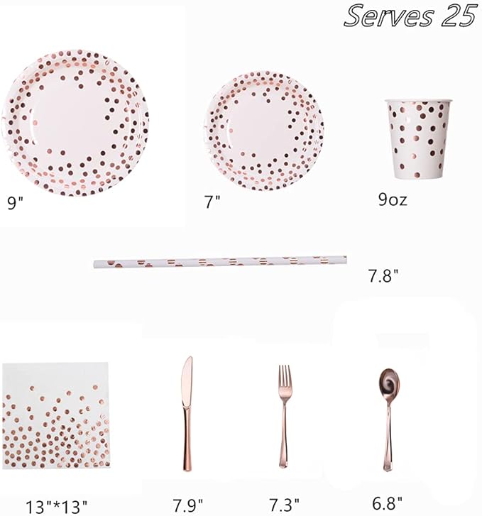 200Pcs Rose Gold Party Supplies - Rose Gold Dot on White Paper Plates and Napkins Cups Silverware Serves 25 Sets for Wedding Bridal Shower Engagement Birthday Parties.(Rose gold dot)
