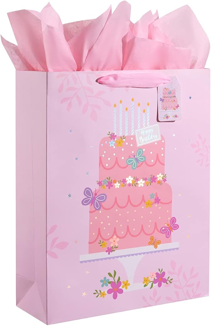SUNCOLOR Extra Large Gift Bag with Tissue Paper for Girls Happy Birthday Party, 16 X12.6 X 5.7 Inch, Cake, For Birthday, Baby Shower, Children's Party