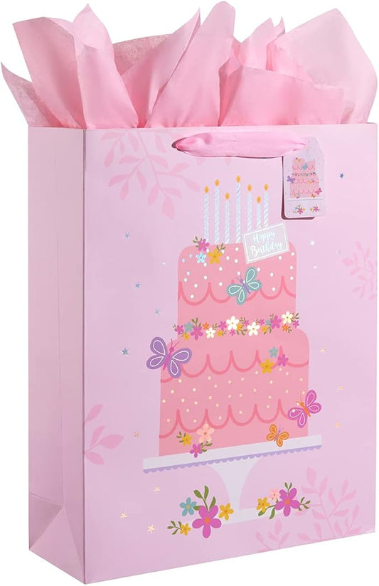 SUNCOLOR Extra Large Gift Bag with Tissue Paper for Girls Happy Birthday Party, 16 X12.6 X 5.7 Inch, Cake, For Birthday, Baby Shower, Children's Party
