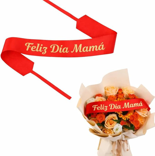 Set of 12 Bouquet Banner Grosgrain Ribbon Tie Wrap Printed Sash Florist Bulk Supply for Floral Arrangements (RED - Feliz Dia Mama)