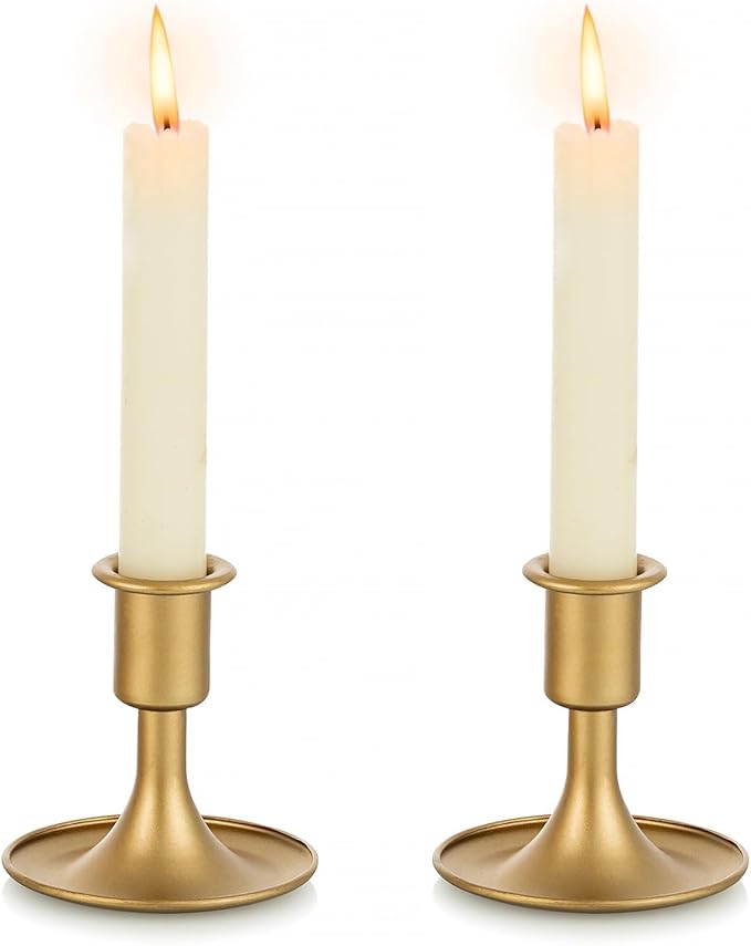 Gold Taper Candle Holder Set of 2, Hewory Short Skinny Brass Candlestick Holders, Vintage Small Low Metal Candles Sticks for Wedding Centerpieces Christmas Birthday Party Holiday Dinning Table Decor