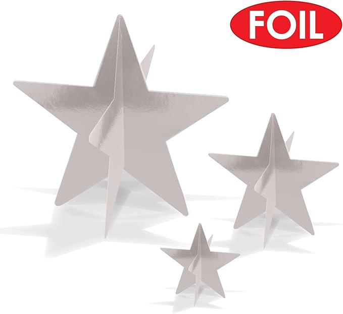 Beistle 3-D Foil Star Centerpieces, 9-Pack Silver Cardstock Table Decorations for Awards Night Themes, New Year’s Eve, Anniversary Parties and Elegant Celebration Displays, Three Sizes 3", 5½", 8"