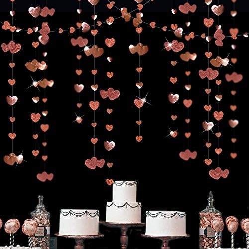Valentines Day Party Decorations Rose Gold Heart Garland Hanging Paper Love Heart Streamer Banner for Anniversary Mothers Day Bachelorette Engagement Wedding Bridal Shower Birthday Hen Party Supplies