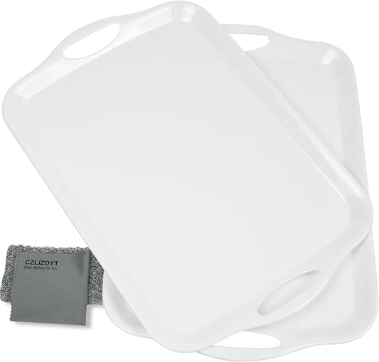 Czlizdyt Large Melamine Serving Tray with Handles, 17.5 x 12 in Rectangular Melamine Serving Platter, Dishwasher Safe Trays for Eating, Appetizer, Charcuterie, Snack, Fruit, Desserts, Set of 2, White