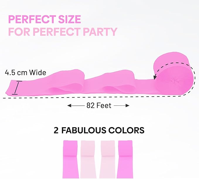 Captain Décor 4 Hot Pink Streamers, 328ft Crepe Paper Streamers Rolls for Party Decorations, Birthday, Party and Wedding Decoration (1.8 inch x 82 ft/Roll)
