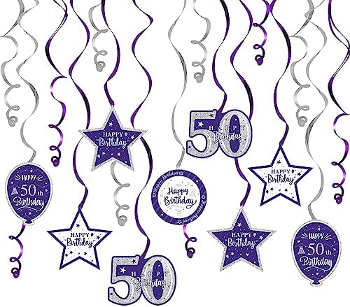 Happy 50th Birthday Purple & Silver Glitter Swirls Streamers Party Decorations - 15 Pcs 50th Birthday Hanging Swirls Streamers Kit,Cheers to Fifty Years Old Bday Party Sign.