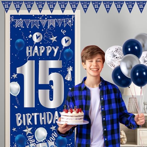 Blue 15th Birthday Decorations for Boys Girls, 15 Year Old Party Supplies