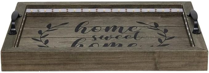 Elegant Designs HG2032-RGS Salento Farmhouse Rectangular Decorative LED Light Up Wooden Serving Tray w Metal Handles & Home Sweet Home in Black for Décor, Centerpiece, Breakfast, Bar, Rustic Gray