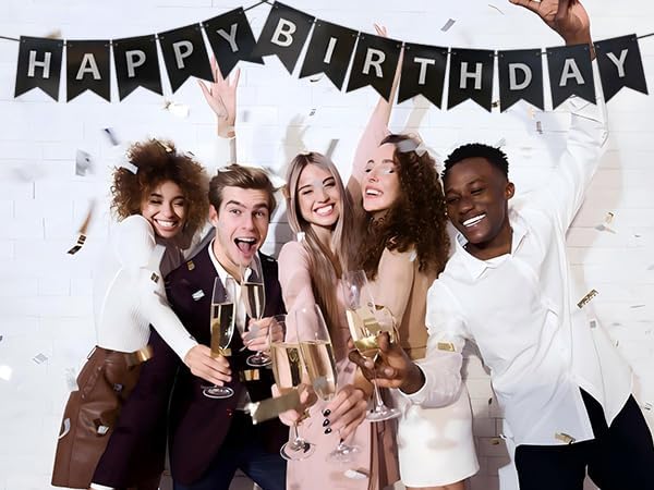 Black Happy Birthday Banner,Pre-Strung Black and Silver Birthday Party Decorations,16ft Hanging Sign for Kids, Girls, Boys, Women – No DIY, Backdrop Supplies