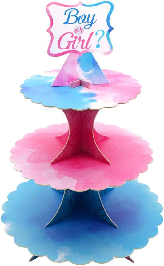 Gender Reveal Cupcake Stand Gender Reveal Party Favors Blue and Pink 3 Tier Cardboard Cake Stand for Party Decorations