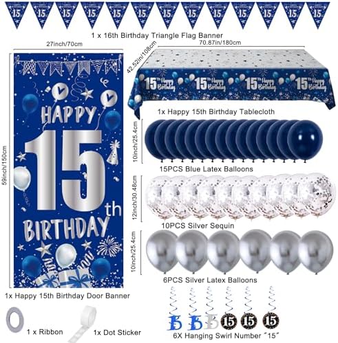 Blue 15th Birthday Decorations for Boys Girls, 15 Year Old Party Supplies